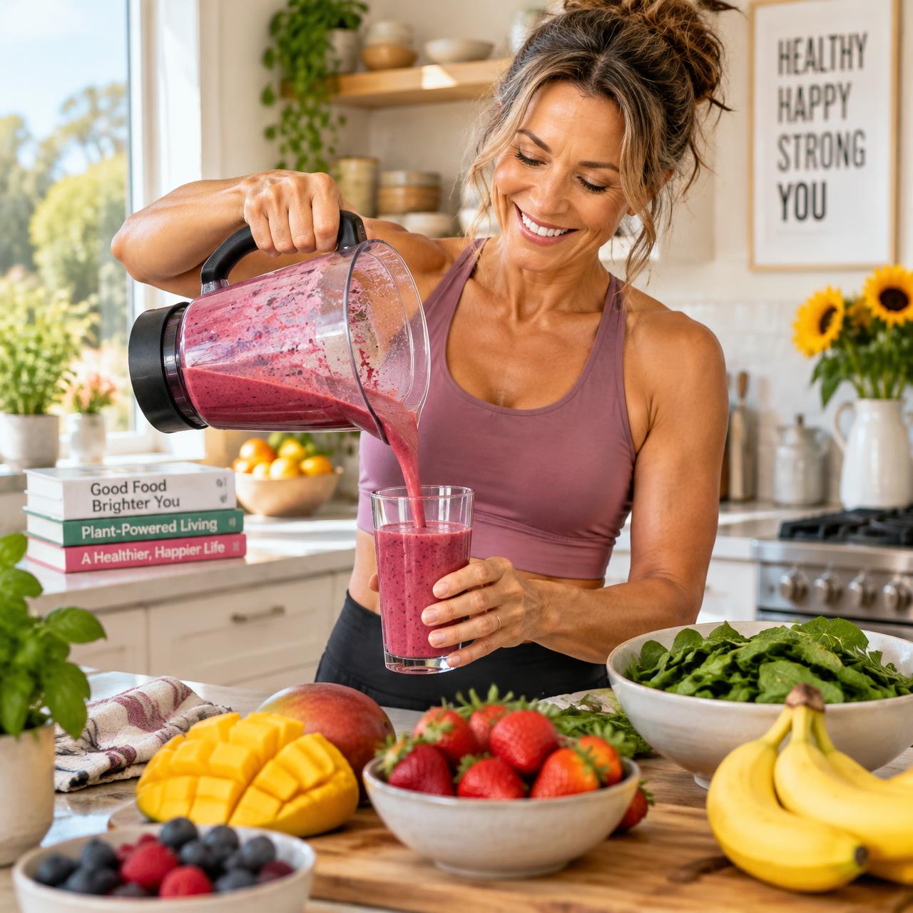 Woman pouring a berry smoothie in a bright kitchen